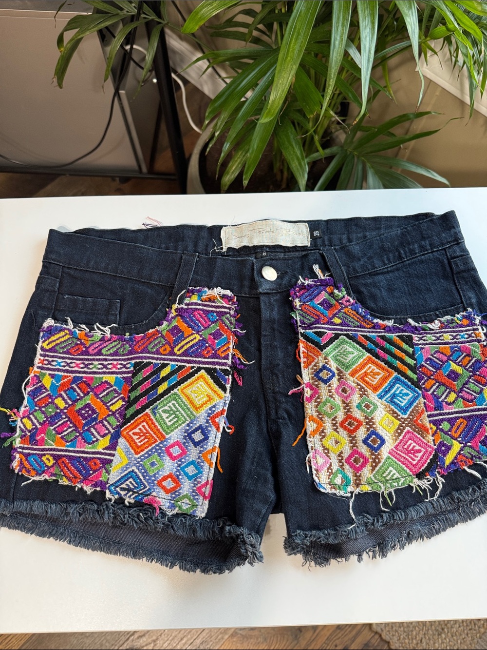 Jen's Pirate Booty Black Denim Shorts with Multicolor Embroidered Pockets